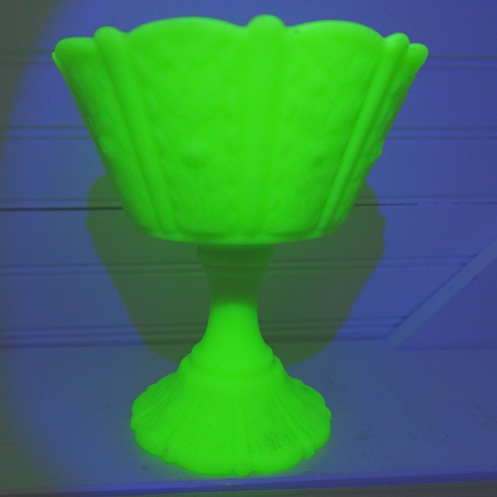 Vintage Fenton Uranium Footed Candy Dish Lime Green Satin Glass Compote Bowl